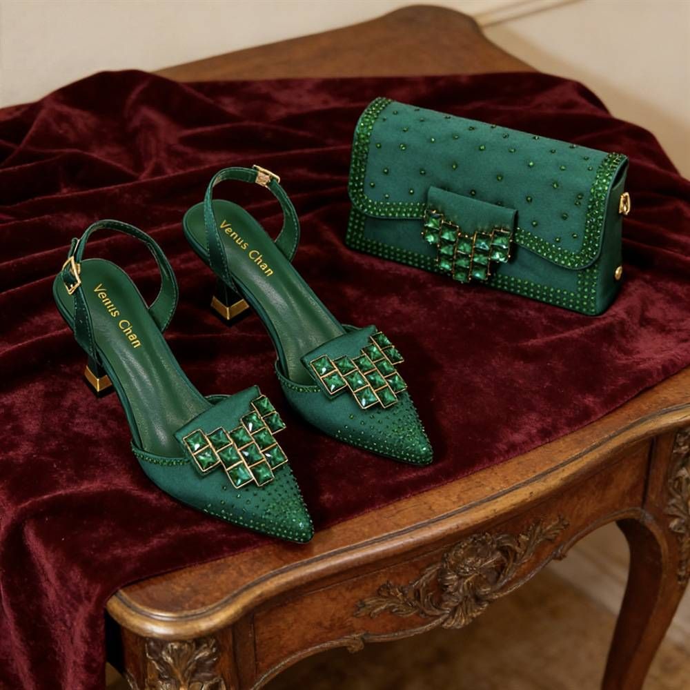 Women's Shoe & Bag Set – Crystal Buckle Pointed-Toe Pumps With Satin-Like Fabric (Elegant Matching Combo)_vogvips.com