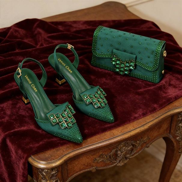 Women's Shoe & Bag Set – Crystal Buckle Pointed-Toe Pumps With Satin-Like Fabric (Elegant Matching Combo)_vogvips.com