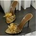 Women Black Genuine Leather Gold Metal Flower Open Toe Shallow Slip On Stiletto Heel Slide Slippers Sandals_vogvips.com