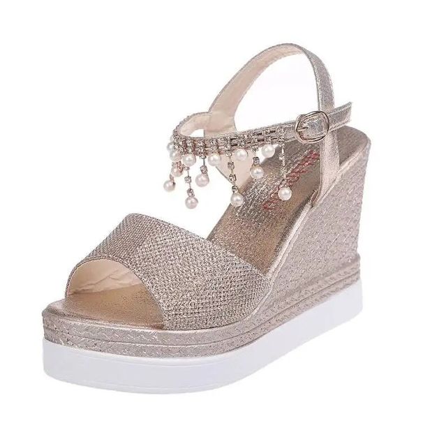 34-40 Size Summer 9cm Heel Height Open Toe Women Fashion Wedges Pearl Bling Sandals Peep-toe Easy Match Shoe_vogvips.com