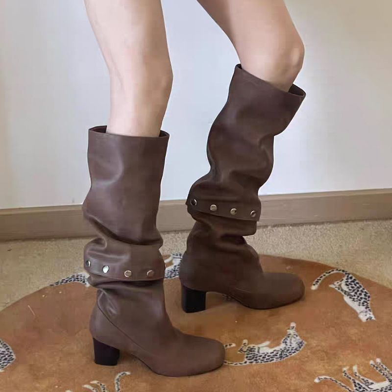 Design Sense Two-Way Wear Stacked For Women, Chunky Heel, Buckle, Genuine Leather, Detachable, Slimming, Over-the-Knee_vogvips.com