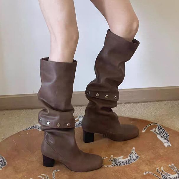 Design Sense Two-Way Wear Stacked For Women, Chunky Heel, Buckle, Genuine Leather, Detachable, Slimming, Over-the-Knee_vogvips.com