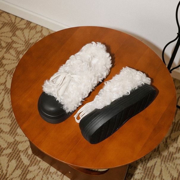 Fashionable And Niche Thick Soled Hairy Snow Boots For Women, French Style Warm Lace Up Winter Cotton Shoes_vogvips.com