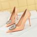 Stiletto heels, shallow mouth, pointed point, vintage patent leather, snake-print rhinestone buckle women's single shoes_vogvips.com