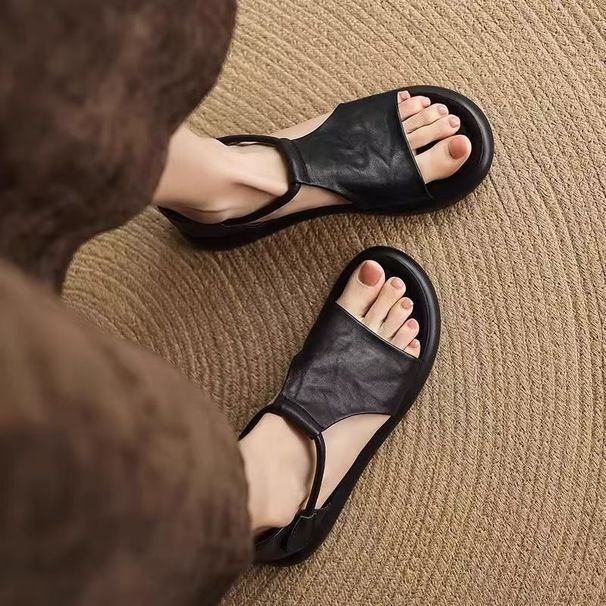 Genuine Soft Leather Sandals For Women, 2026 Summer New Style, Flat-soled, Velcro Closure, Casual Open-toe Soft-soled_vogvips.com