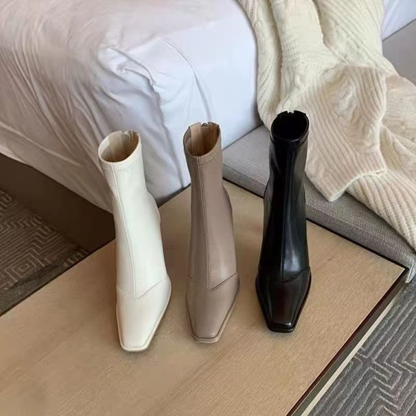 High Ankle For Women 2023 Autumn Winter New Korean Style Patchwork Back Zipper Internet Celebrity Slim Square Toe Thin_vogvips.com