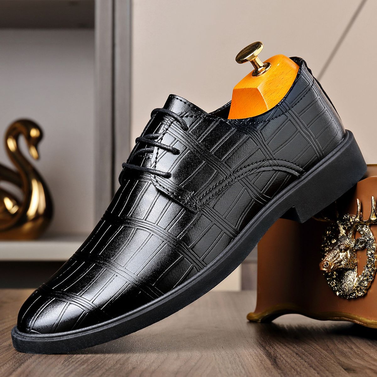 Men's Business Formal Leather Shoes Spring Autumn British Style Lace-Up Casual Wedge Heel Wholesale_vogvips.com