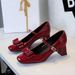 Women's Elegant Bow-Trimmed Patent Leather Mary Jane Pumps With Chunky Heel And Adjustable Buckle Strap - Perfect For Parties, Work & Daily Wear_vogvips.com