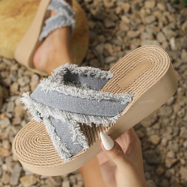 Denim Comfortable Tassel Cross Summer Fashion Outwear Women's Sandals Slippers_vogvips.com