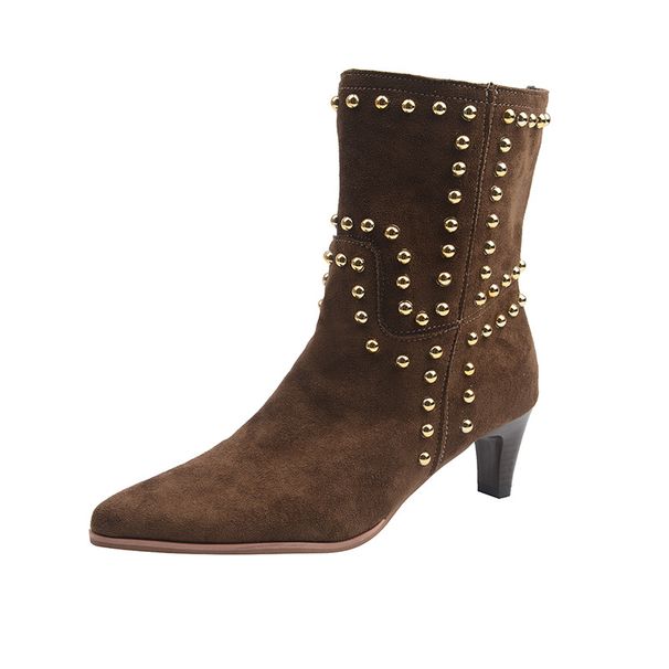Women's Fashion Boots – Pointed Toe Chunky Heel Mid-Calf Booties With Studded Details & Suede Finish, Comfortable For Wide Feet (Black/Brown)_vogvips.com