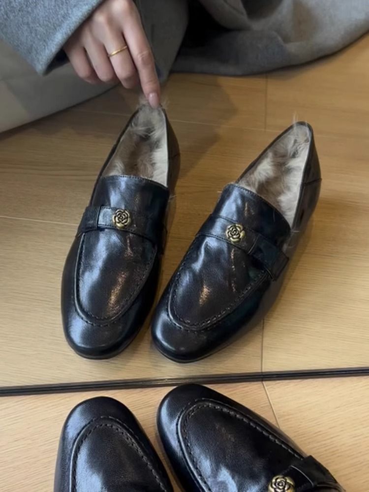 Loafers Women's Thick Heel French Single Shoes Velvet Warm Cotton Shoes Small Leather Shoes_vogvips.com