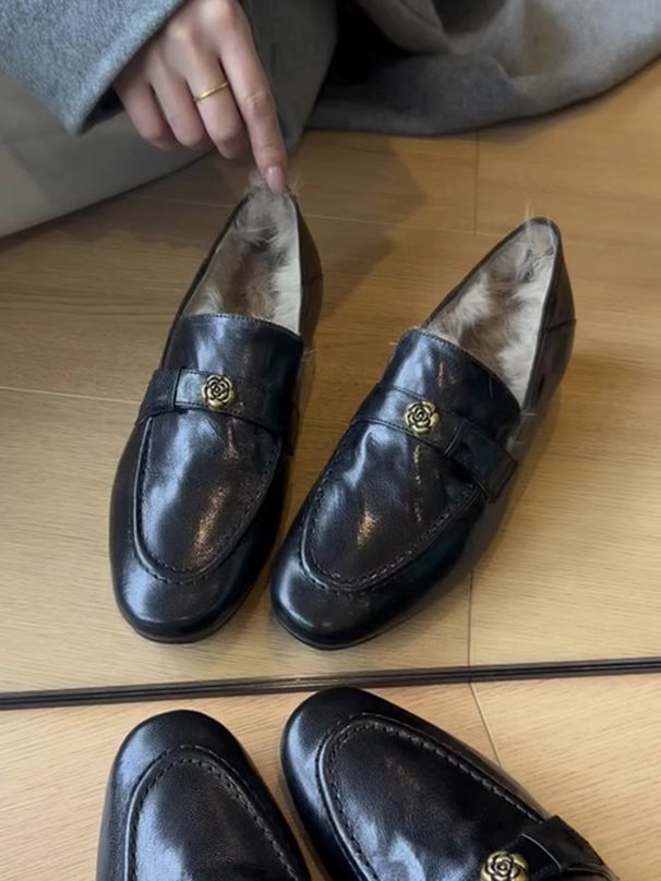 Loafers Women's Thick Heel French Single Shoes Velvet Warm Cotton Shoes Small Leather Shoes_vogvips.com