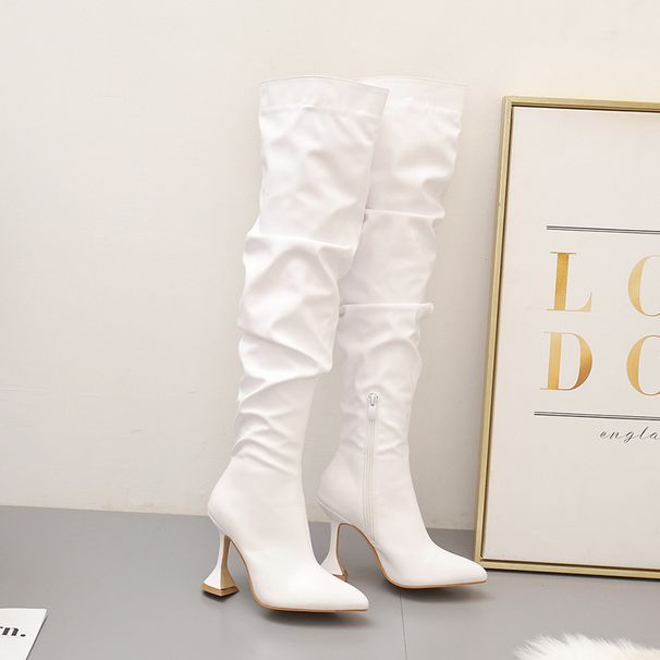 —Flat Long Boots For Women, Thin Pointed Toe, White High Heel Knee-High Boots, Slimming, Wine Glass Heel, Sizes 35-42_vogvips.com