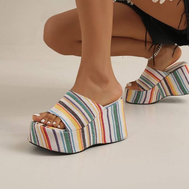 Women’s Shoes Large Size Thick Bottom Wedge Heel Flip Flops Women's Colorful Striped Wedge Heel Cloth Beach Sandals Slippers_vogvips.com
