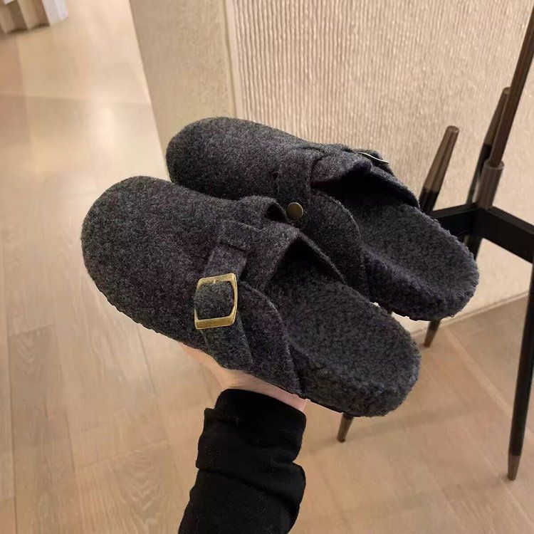 Warm Furry Cotton Shoes With Added Fleece, Gray Half Drag Women's Cotton Shoes_vogvips.com