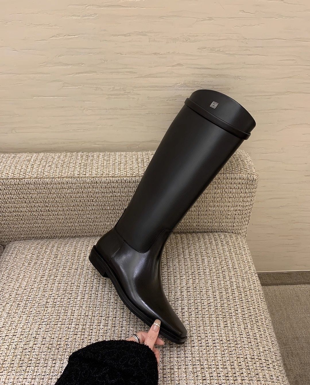 Boots Meotina Women Genuine Leather Knee High Square Toe Flats Concise Design Long Ladies Fashion Shoes Winter Black_vogvips.com