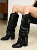 Women's Fold Over Knee High Boots With Heart Buckles Pointed Toe Chunky Heel Black Glossy Faux Leather Punk Fashion Riding Goth Spring Fall Boots_vogvips.com