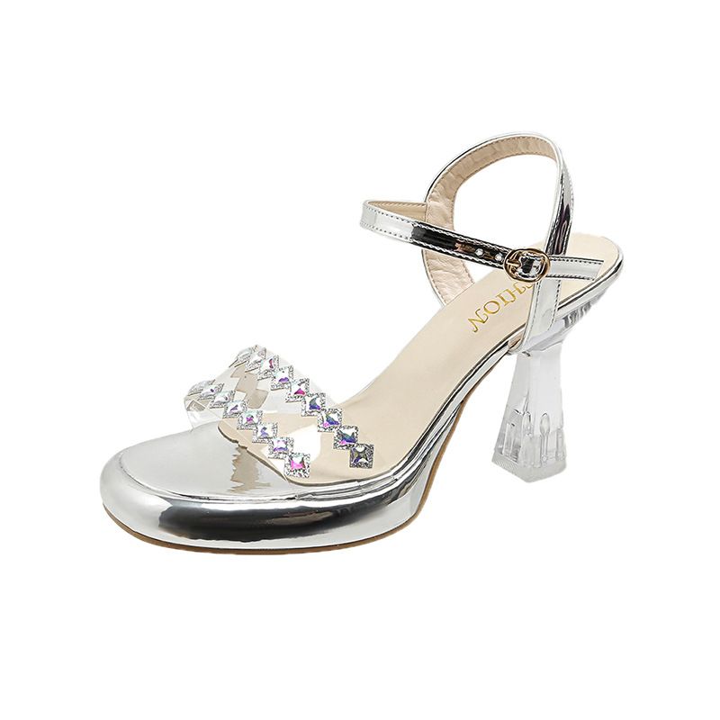European And American Fashion One-strap Sandals 2025 New Model Transparent Rhinestone Chunky Heel Platform High-heeled_vogvips.com