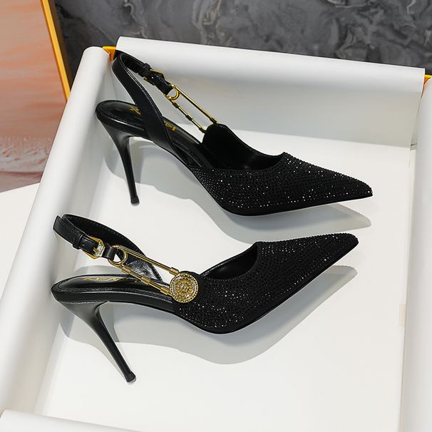 P7 Summer New Baotou Sandals Women's Rhinestone Pointed Toe Shoes Temperament Lady High Heels Black Half Slippers_vogvips.com