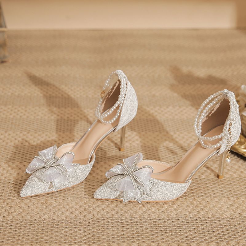 Women's Shoes Legant Bow High Heels Pointed Toe Stiletto Sandals With Pearl Accents For Wedding Party Evening Dress_vogvips.com