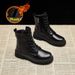Women's Chunky Sole Martin Boots - Stylish Ankle Boots With Side Zipper, Waterproof Platform, Versatile Black Leather Boots For Fall & Winter_vogvips.com