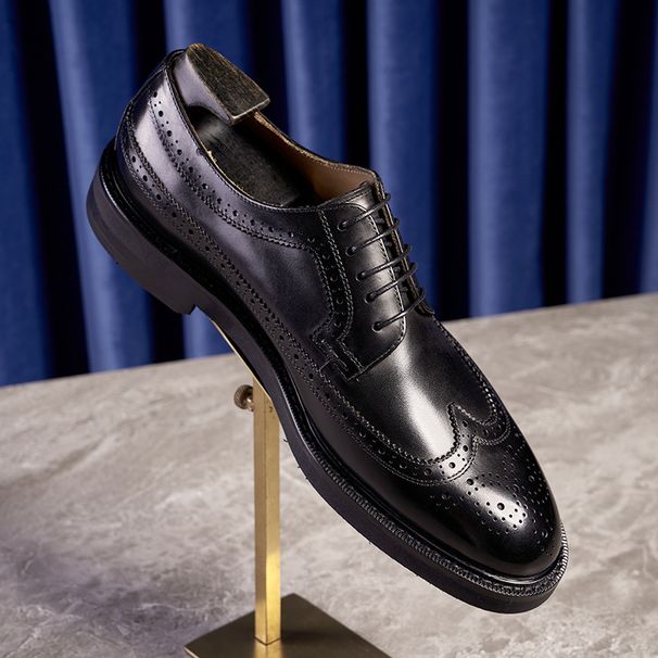 Men's Genuine Leather Brogue Oxford Shoes Business Formal Round Toe Wedding Dress Shoes For Gentlemen_vogvips.com