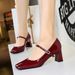 Elegant Women's Shoes Rhinestone Word With Square Head Heels Patent Leather Glossy Light Mouth Thick Heel Medium Heel Single Shoes_vogvips.com