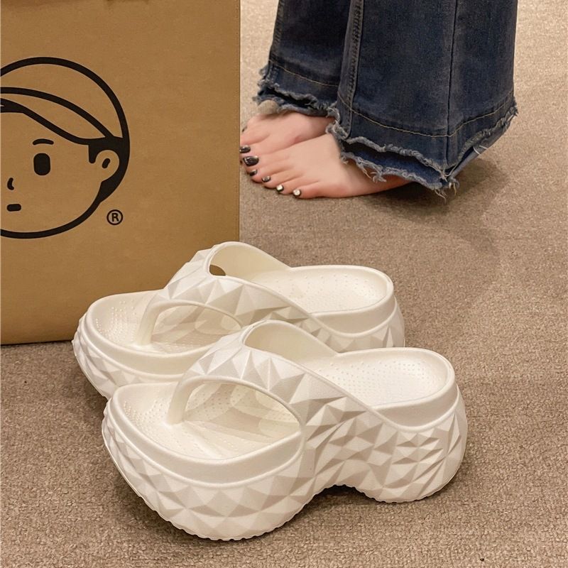 Thick Soled Flip Flops For Women Summer Outdoor Wear Height Increasing Durian Diamond Shaped Non Slip Beach High Heeled Sandals_vogvips.com