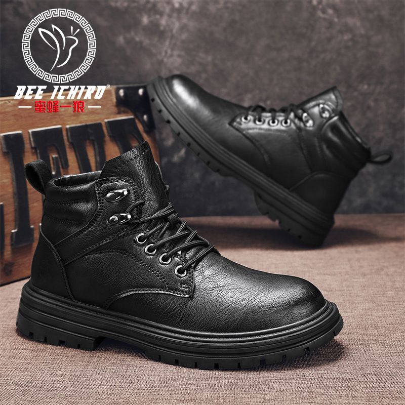 European Warm Series Bee One Wolf Flagship Store Martin Men's Autumn Winter High-top British Style Casual Leather Shoes Trendy Mid-top Work_vogvips.com