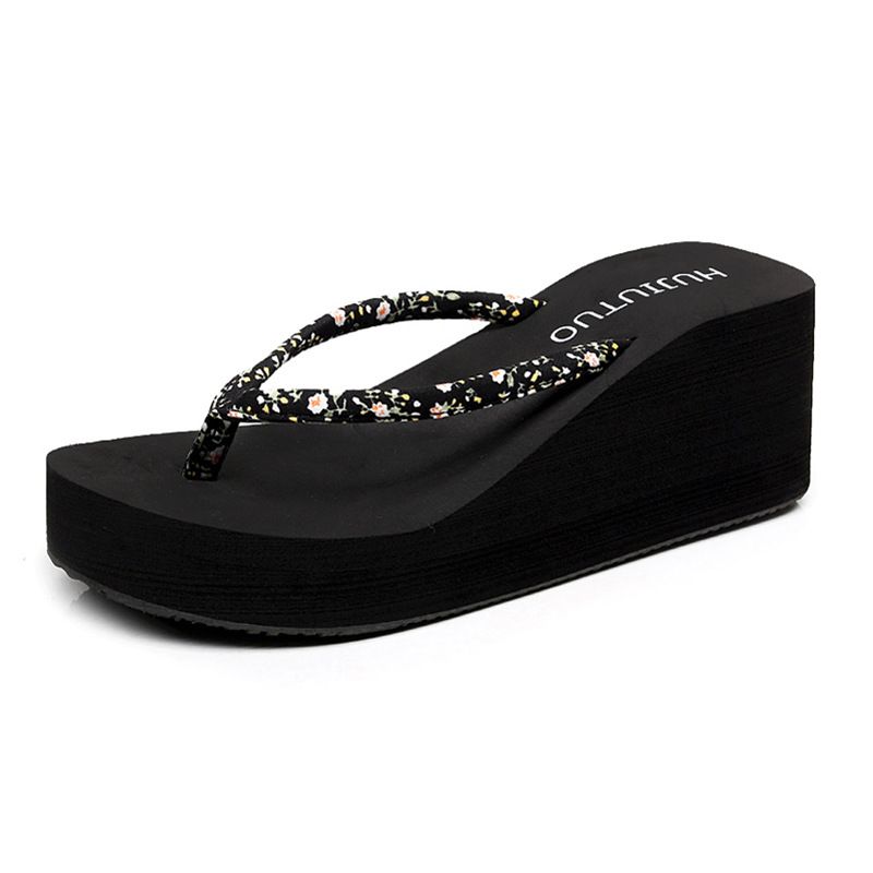 Women's Black Floral Print Flip Flops Casual Slip-On Sandals Solid Color Summer High Heeled Wedge Non-Slip Beach Shoes_vogvips.com
