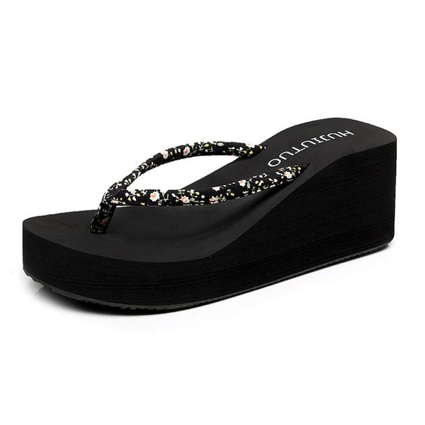 Women's Black Floral Print Flip Flops Casual Slip-On Sandals Solid Color Summer High Heeled Wedge Non-Slip Beach Shoes_vogvips.com