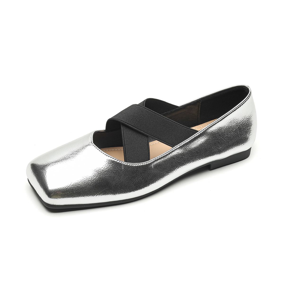 Weiwei Lady 8929-3 Silver Women's Ballet Flats, Retro Cross-Strap Square-Toe Single Shoes With Soft Soles_vogvips.com