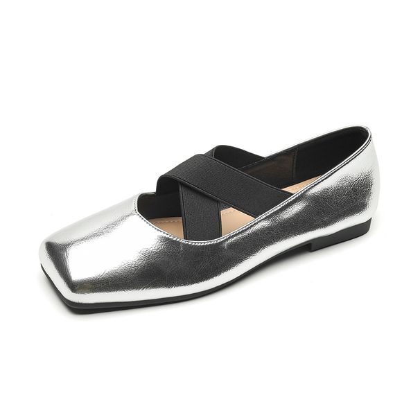 Weiwei Lady 8929-3 Silver Women's Ballet Flats, Retro Cross-Strap Square-Toe Single Shoes With Soft Soles_vogvips.com