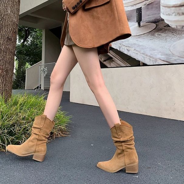 Zhao Lusi's Style~ Chunky Heel Western Cowboy Boots, Slightly Distressed, Retro Fashion Boots, Slimming Chunky Heel Pointed Toe Slouch Boots_vogvips.com