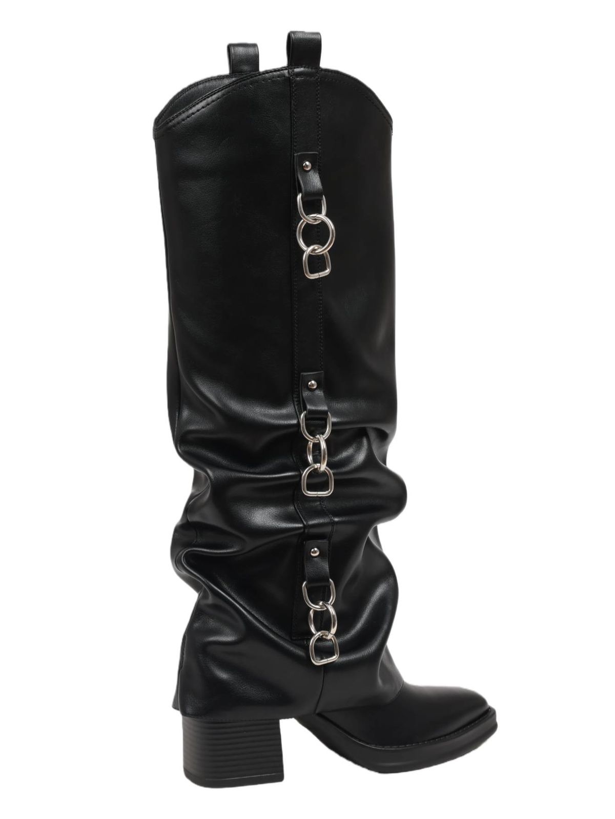 Women's Fold Over Knee High Boots With Heart Buckles Pointed Toe Chunky Heel Black Glossy Faux Leather Punk Fashion Riding Goth Spring Fall Boots_vogvips.com