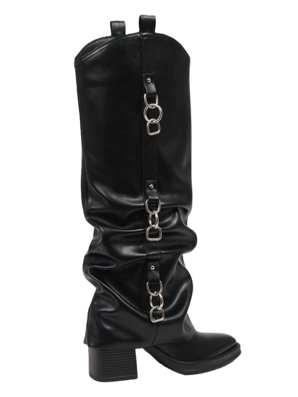 Women's Fold Over Knee High Boots With Heart Buckles Pointed Toe Chunky Heel Black Glossy Faux Leather Punk Fashion Riding Goth Spring Fall Boots_vogvips.com