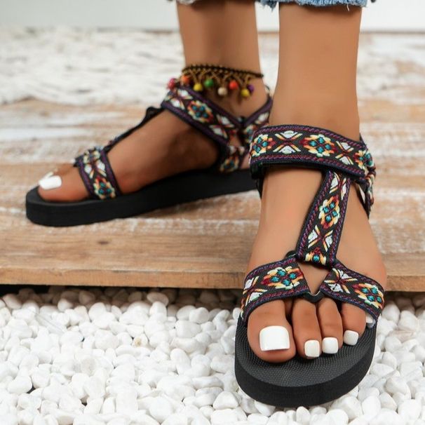 Women's Plus Size Sandals 2024 New Model With Velcro Straps, Thick Sole, Flat Bottom, European And American Ethnic Style_vogvips.com