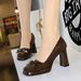 Women's Elegant Square-Toe Platform High Heels With Bow Detail - Chunky Heel, Slip-On Design Banquets Evening Events Anchora Red, Black, Deep Brown_vogvips.com