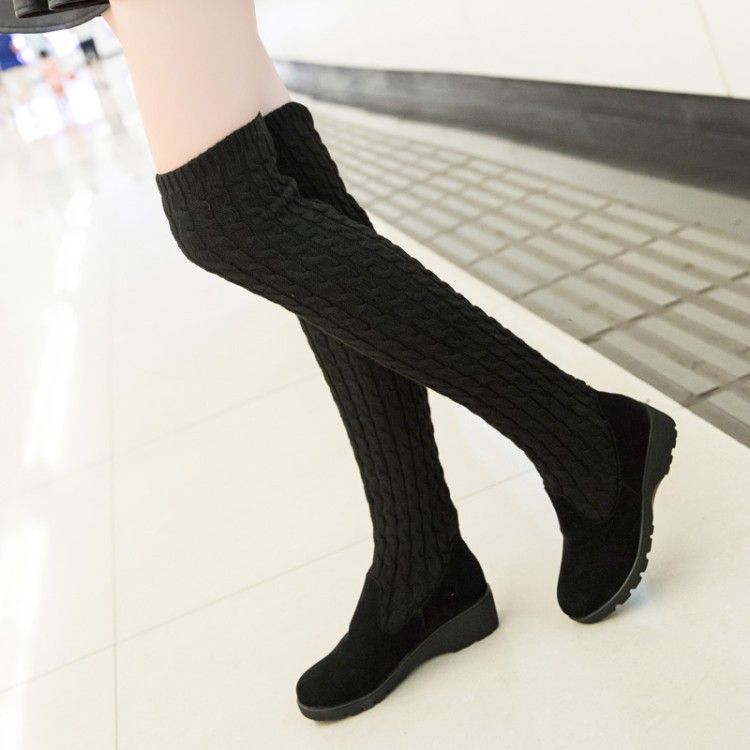 2025 Autumn Winter New Women's Knitted Wool High Tube Flat Over-the-Knee Elastic Martin Boots Versatile Trendy Wholesale_vogvips.com