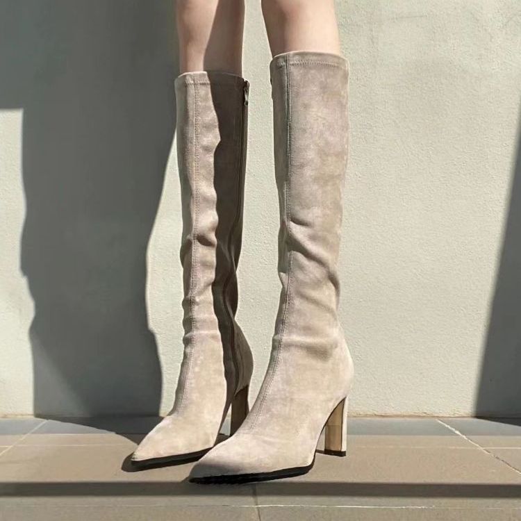 Pointed-toe Apricot Suede High-heeled Long For Women, 2024 Autumn And Winter Stretch Slim Boots, Chunky Heel_vogvips.com