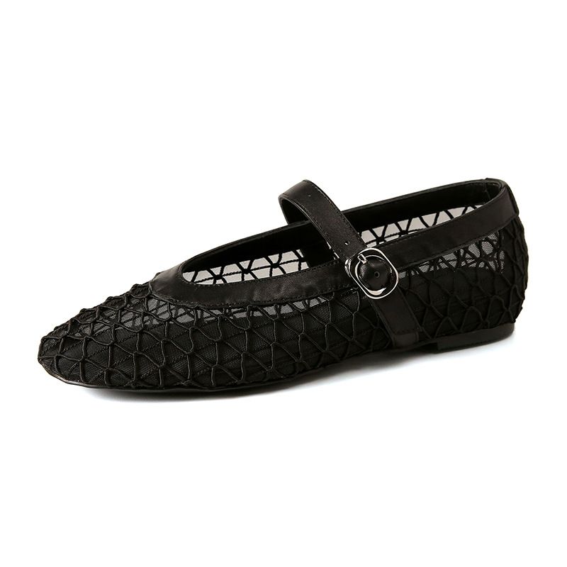 Spring Fashion Mesh Flats Hollow Mary Jane Fishnet Shoes Strap Ballet Shoes Women_vogvips.com