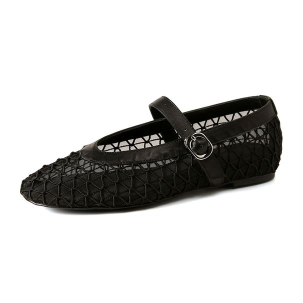 Spring Fashion Mesh Flats Hollow Mary Jane Fishnet Shoes Strap Ballet Shoes Women_vogvips.com