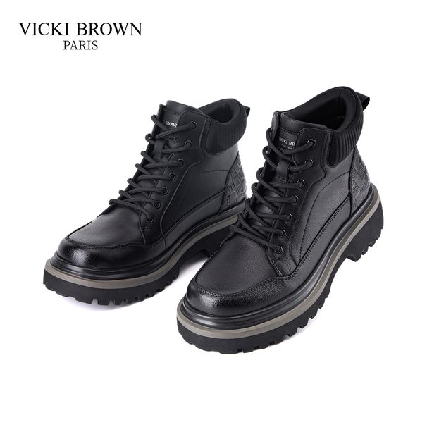 VICKI BROWN Men's Black Leather Ankle Combat Boots, Soft Fabric Lining Comfort Padded Insole, Non-Slip Block Rubber Sole Casual Work Outdoor Boot_vogvips.com