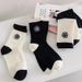 Floral Embroidered Cotton Socks - Breathable Comfortable Casual Socks With Rose And Camellia Design, Black And White Striped, Mid-Calf Length_vogvips.com