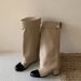 Women's Chunky Heel Round Toe Knee High Riding Boots In Black, White & Beige - Classic Style Slip-On Boots For All Seasons Khaki Long Boots_vogvips.com