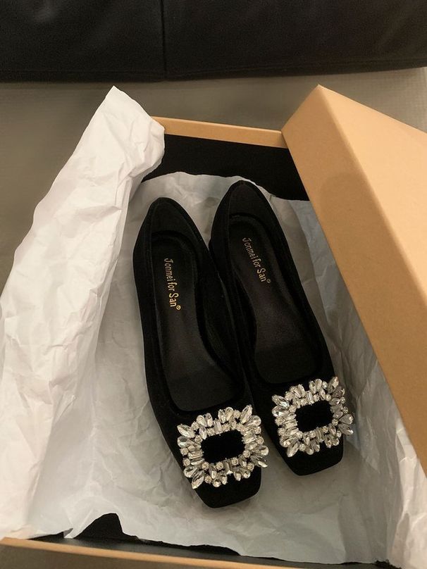 Elegant Rhinestone Shallow Mouth Single Shoes For Women, 2025 Autumn New Versatile Square Toe Flat Loafers_vogvips.com
