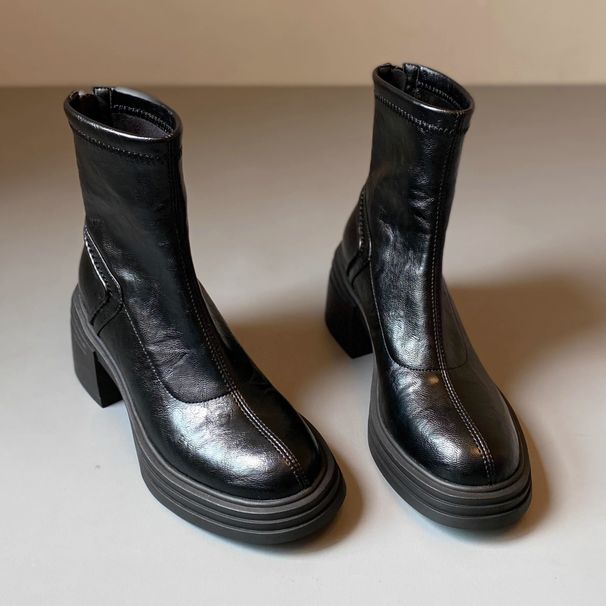 French Style Versatile Simple Height-Increasing Chunky Heel Stretch Slim For Women Autumn Winter New Back Zipper Short_vogvips.com