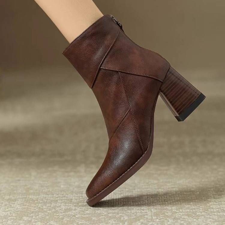 Retro Brown Soft Leather Chunky Ankle Boots For Women, 2025 New High-heeled Martin Boots, British-style Small Square Toe Slim Boots_vogvips.com