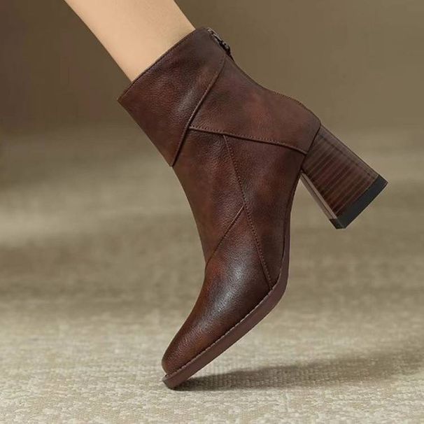 Retro Brown Soft Leather Chunky Ankle Boots For Women, 2025 New High-heeled Martin Boots, British-style Small Square Toe Slim Boots_vogvips.com