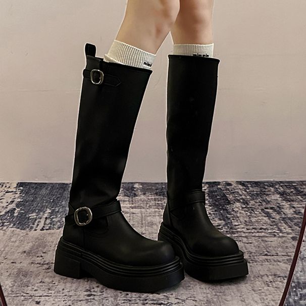 NEW Belt Buckle Long Boots For Women, Petite Height Increase And Slimming, Knee-length Boots, Thick-soled High Boots For Riders_vogvips.com